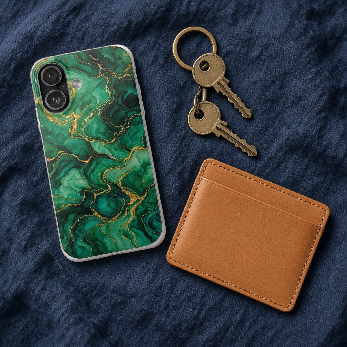 Emerald Tide-Pool Pour flexi phone case on navy linen with keys and a leather wallet