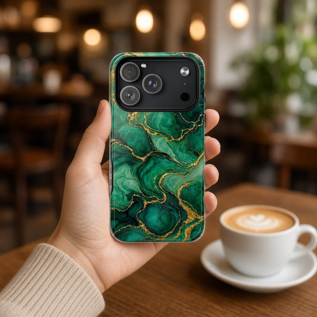 Hand holding the Emerald Tide-Pool Pour magnetic iPhone case in a cafe beside a latte