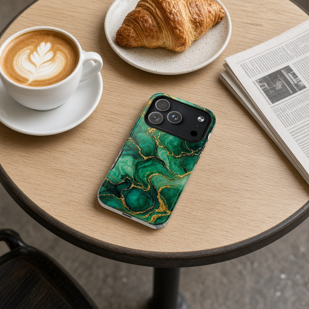 Emerald Tide-Pool Pour magnetic iPhone case on a cafe table with a latte, croissant and newspaper