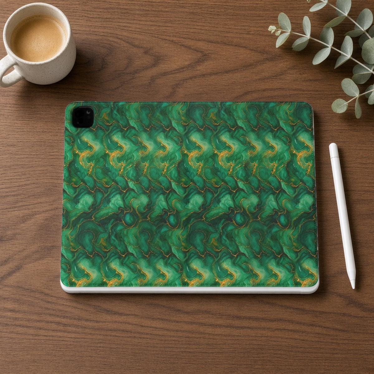 Emerald Tide-Pool Pour iPad folio case on a walnut desk with a stylus and coffee