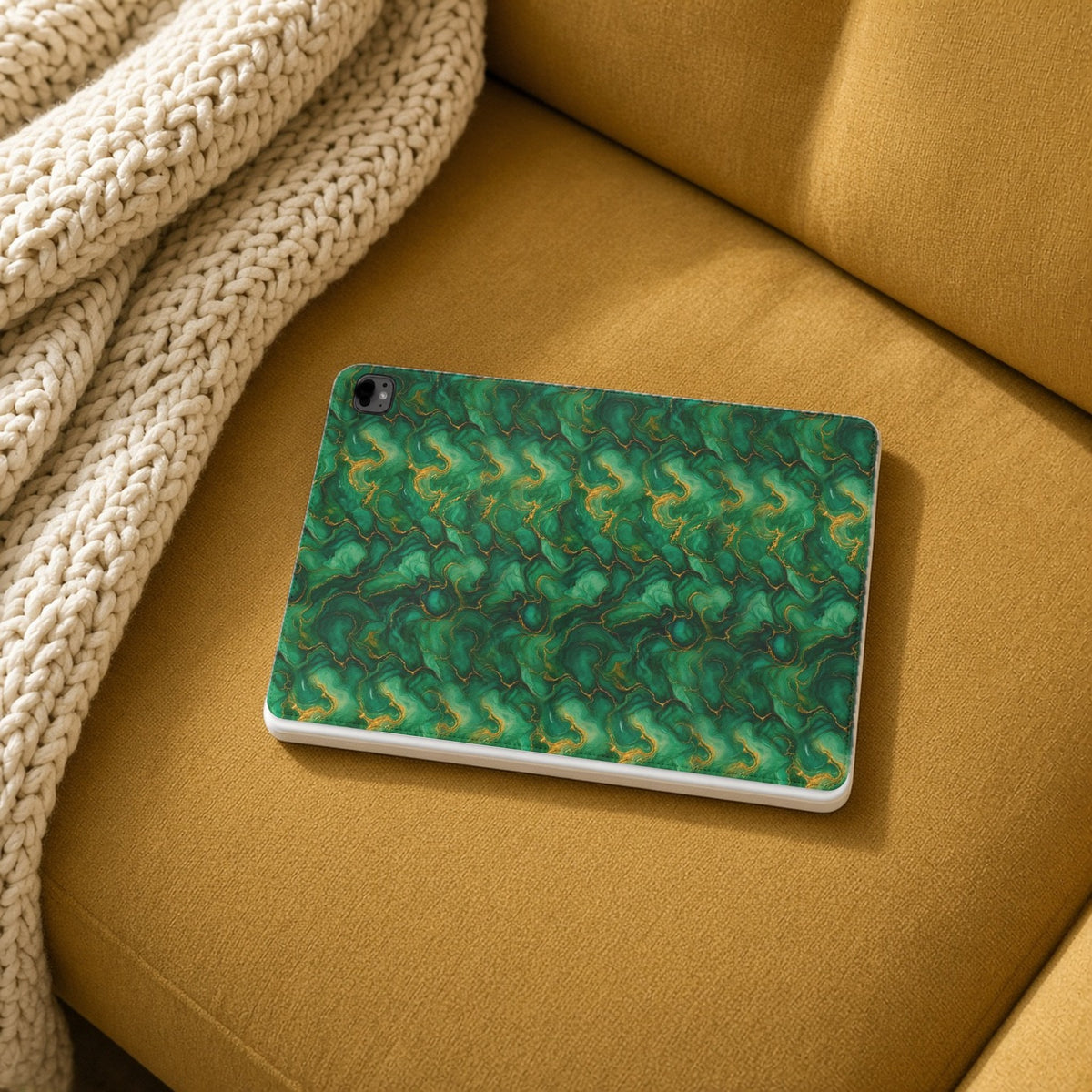Emerald Tide-Pool Pour iPad folio case on a mustard sofa with a knit throw