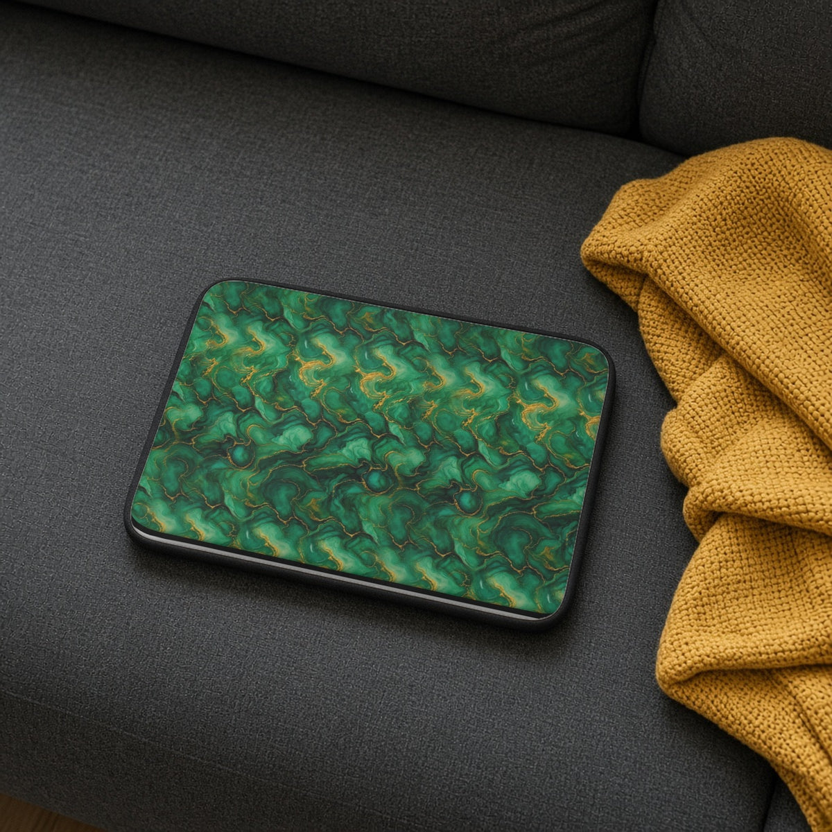 Emerald Tide-Pool Pour laptop sleeve on a charcoal sofa with a cosy throw