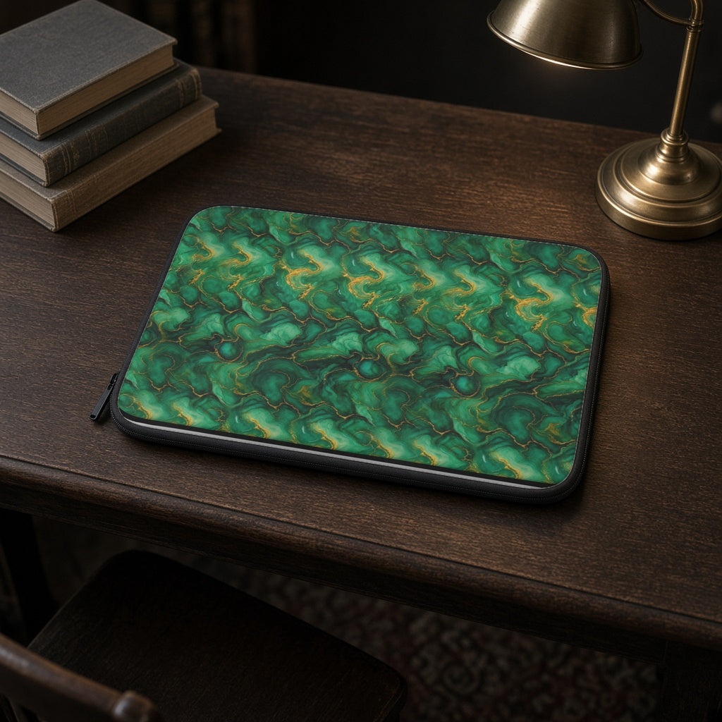 Emerald Tide-Pool Pour laptop sleeve on a dark wood library desk with books and a lamp