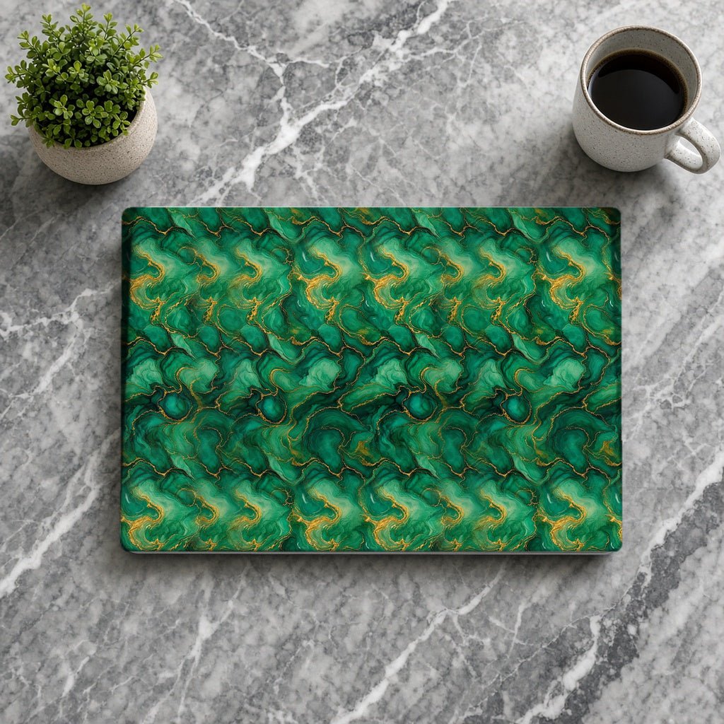 Emerald Tide-Pool Pour matte MacBook case from above on grey marble with coffee