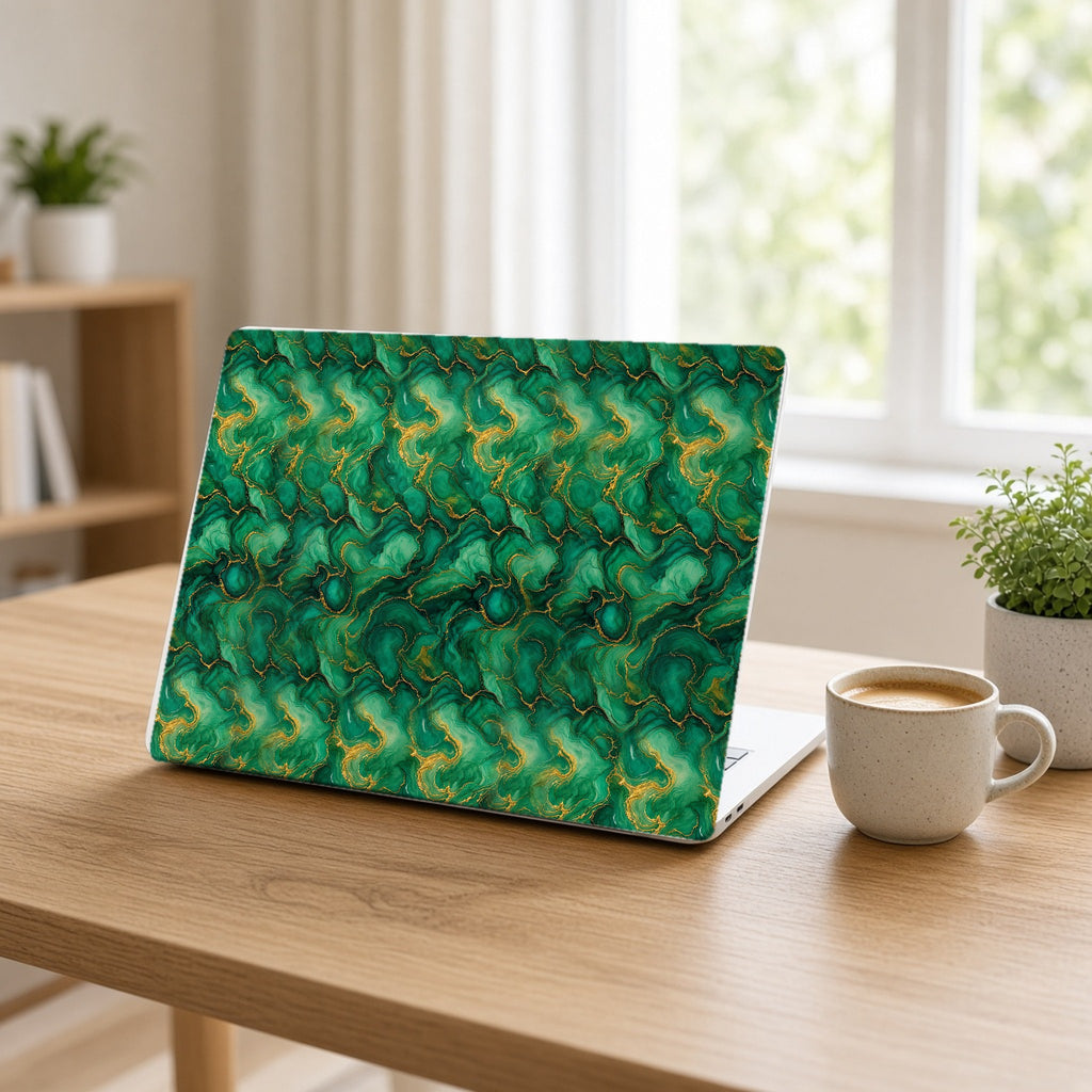 Emerald Tide-Pool Pour matte MacBook case on an open laptop at a home office desk