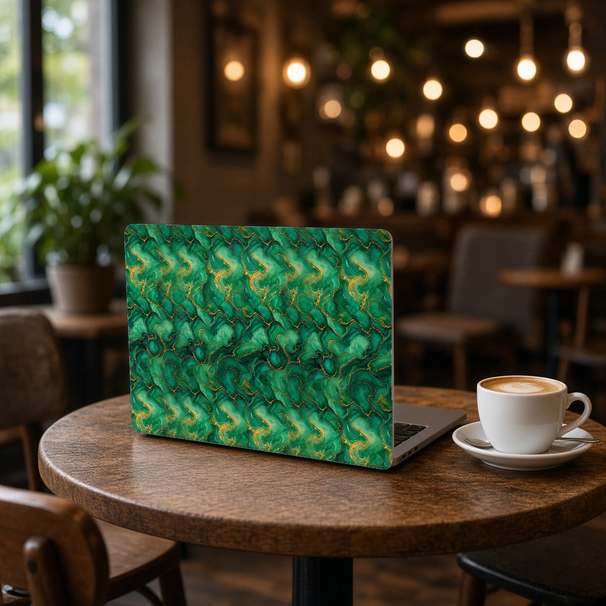 Emerald Tide-Pool Pour matte MacBook case on an open laptop on a cafe table