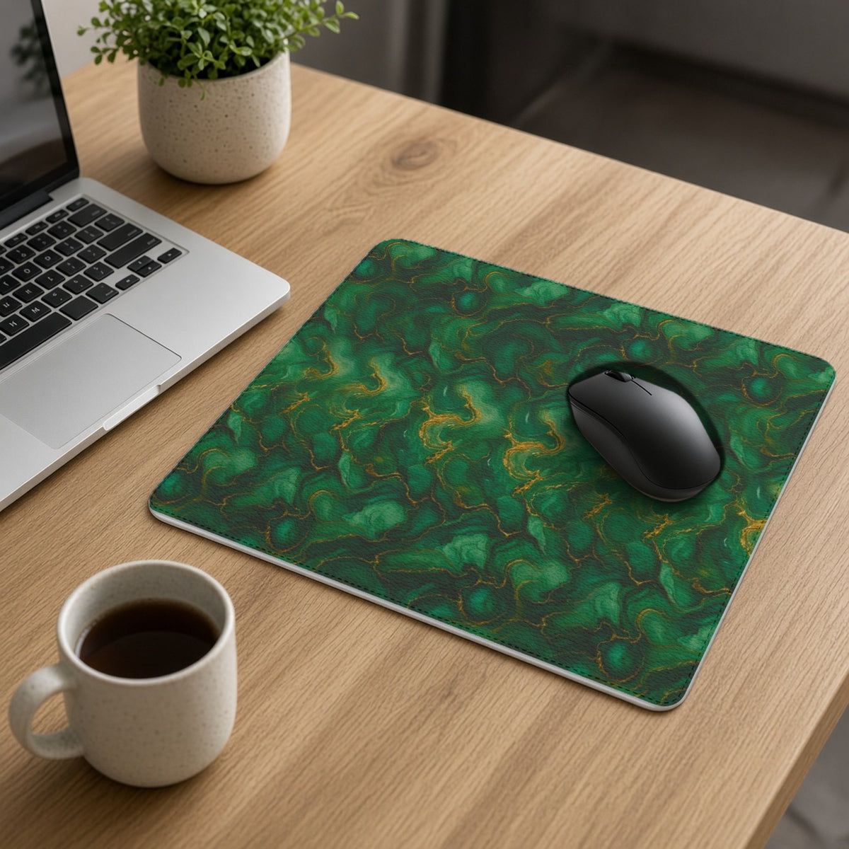 Emerald Tide-Pool Pour vegan leather mouse mat on an oak desk with a laptop, mouse and coffee