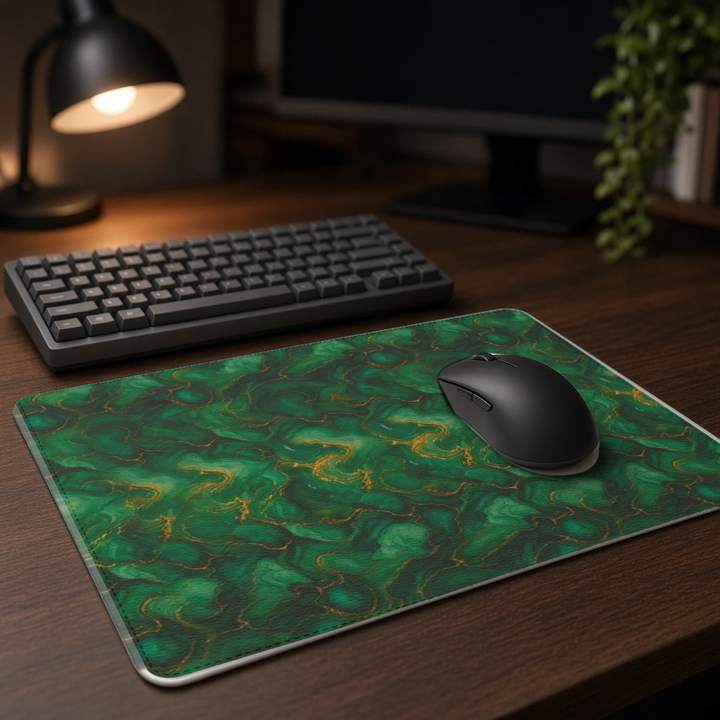 Emerald Tide-Pool Pour vegan leather mouse mat on a dark wood desk with keyboard and lamp