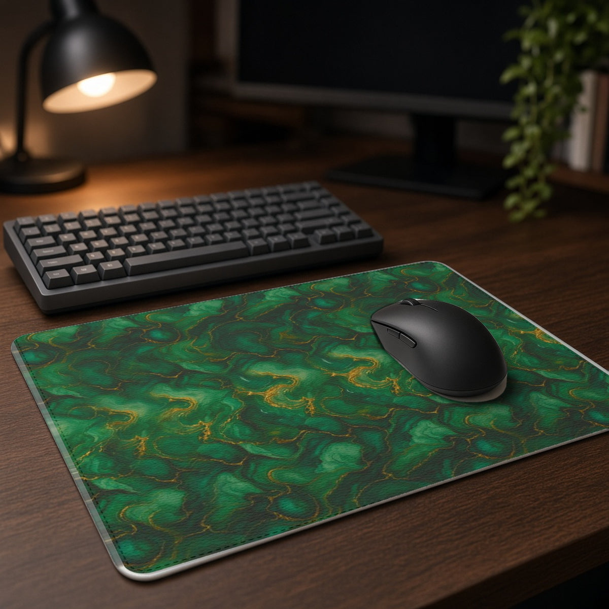 Emerald Tide-Pool Pour vegan leather mouse mat on a dark wood desk with keyboard and lamp