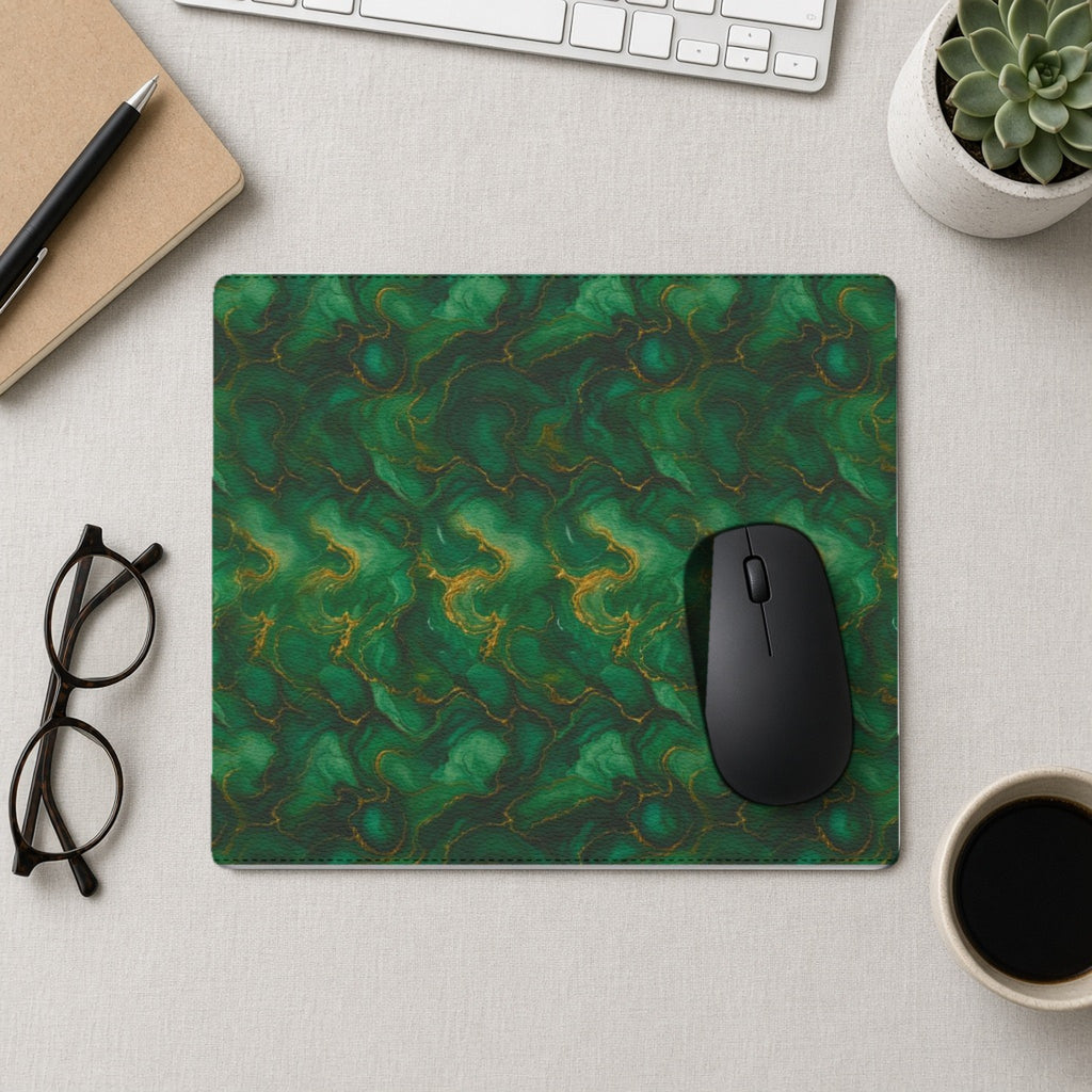 Emerald Tide-Pool Pour vegan leather mouse mat from above with a mouse, notebook and glasses
