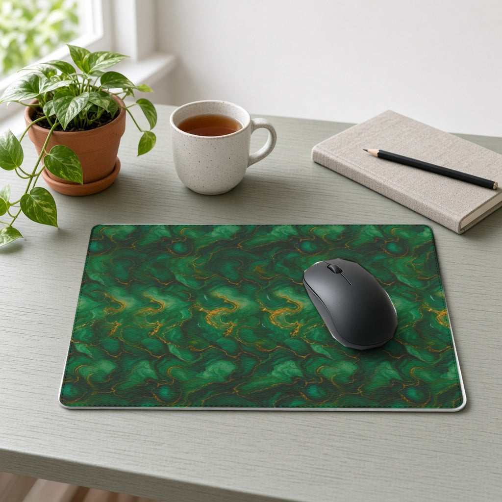 Emerald Tide-Pool Pour vegan leather mouse mat on a sage-green desk with a plant, tea and notebook