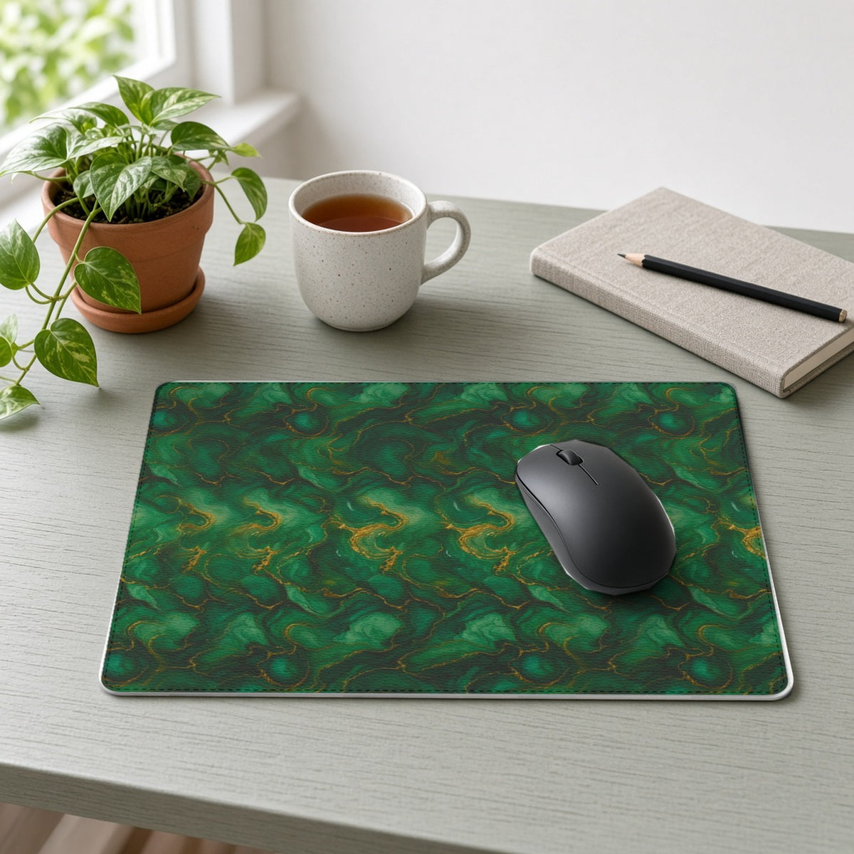 Emerald Tide-Pool Pour vegan leather mouse mat on a sage-green desk with a plant, tea and notebook