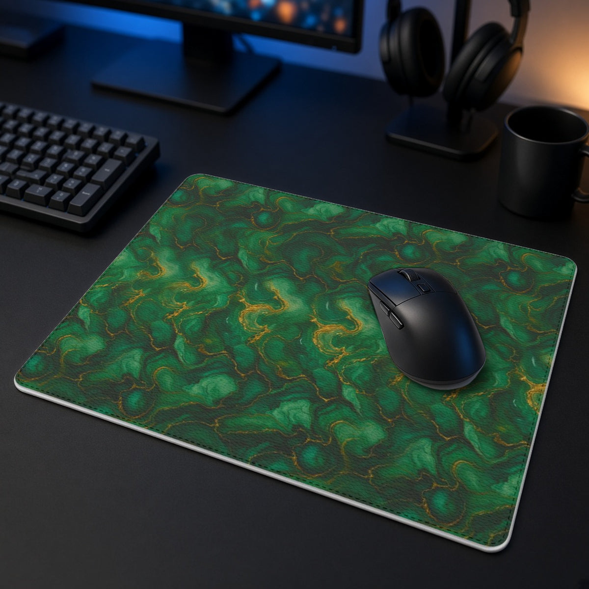 Emerald Tide-Pool Pour vegan leather mouse mat in a dark gaming desk setup with headphones