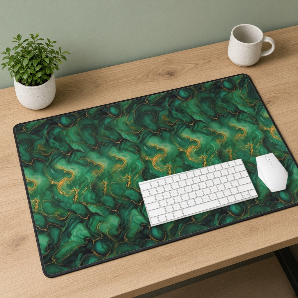 Emerald Tide-Pool Pour desk mat on a sage-walled desk with a white keyboard and mouse