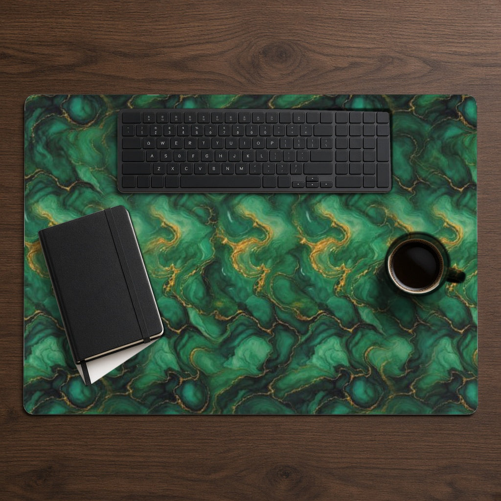 Emerald Tide-Pool Pour desk mat from above on walnut with a black keyboard, notebook and coffee