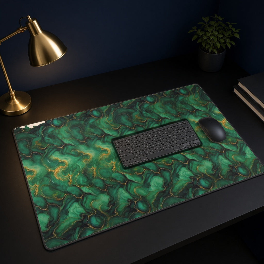 Emerald Tide-Pool Pour desk mat on a black desk with a keyboard, mouse and brass lamp
