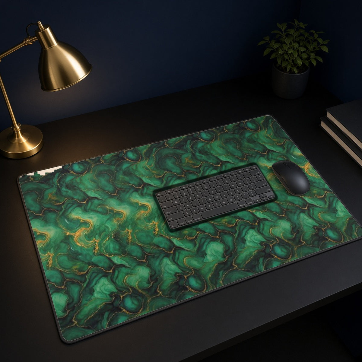 Emerald Tide-Pool Pour desk mat on a black desk with a keyboard, mouse and brass lamp