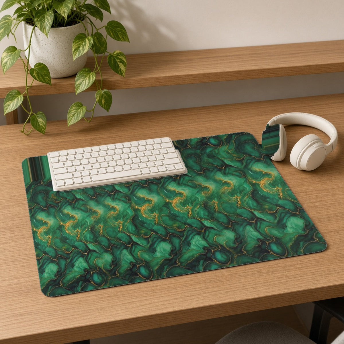 Emerald Tide-Pool Pour desk mat on an oak desk with a cream keyboard and headphones