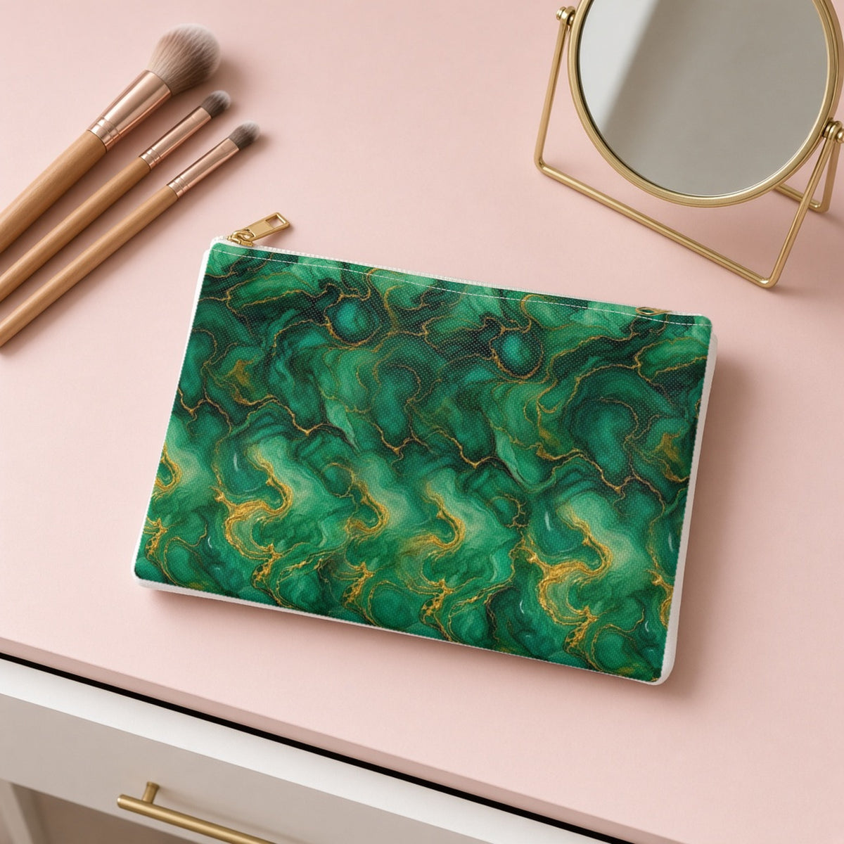 Emerald Tide-Pool Pour zip accessory pouch on a pink dressing table with makeup brushes