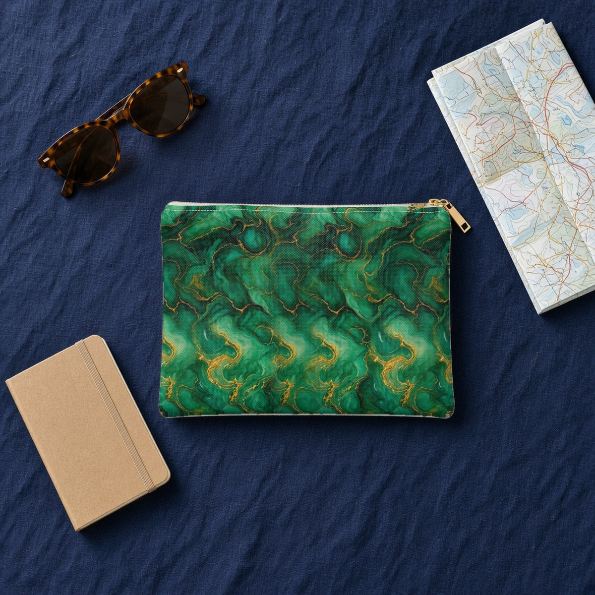 Emerald Tide-Pool Pour zip accessory pouch on navy linen with sunglasses, a notebook and map