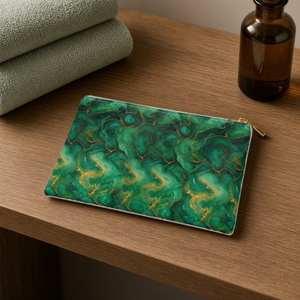 Emerald Tide-Pool Pour zip accessory pouch on a wooden shelf with towels and an amber bottle