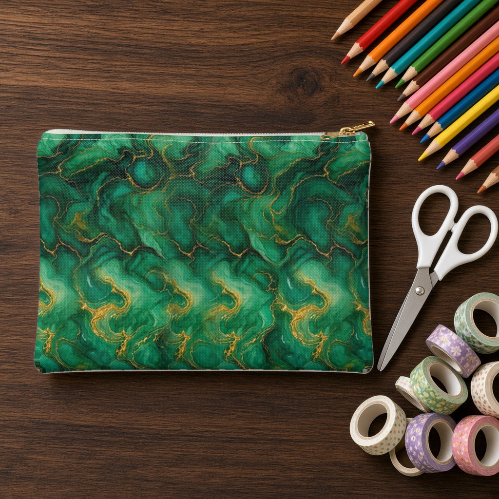 Emerald Tide-Pool Pour zip accessory pouch on a walnut desk with coloured pencils and washi tape