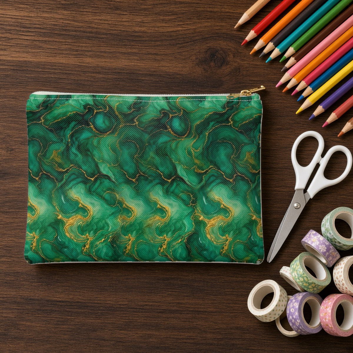 Emerald Tide-Pool Pour zip accessory pouch on a walnut desk with coloured pencils and washi tape