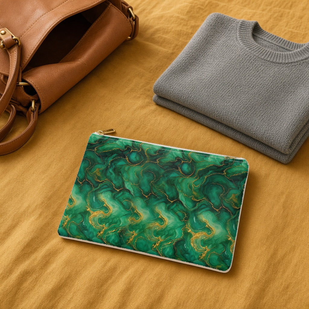 Emerald Tide-Pool Pour zip accessory pouch on a mustard bedspread with a leather bag and jumper
