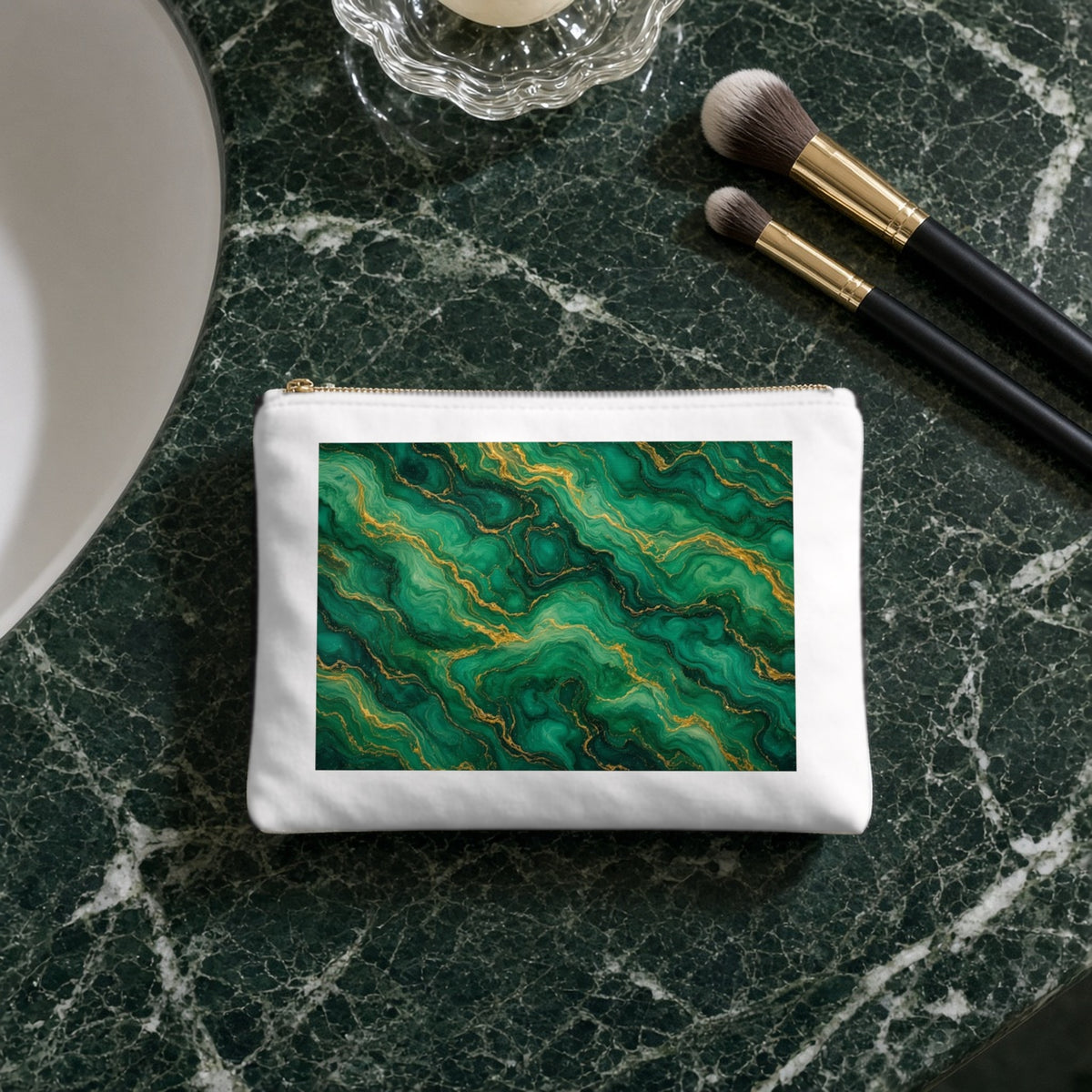 Emerald Tide-Pool Pour canvas cosmetic bag on a green marble vanity