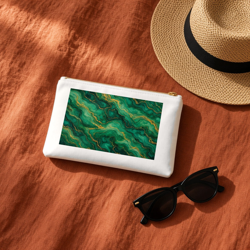 Emerald Tide-Pool Pour canvas cosmetic bag on terracotta linen with a sun hat and sunglasses