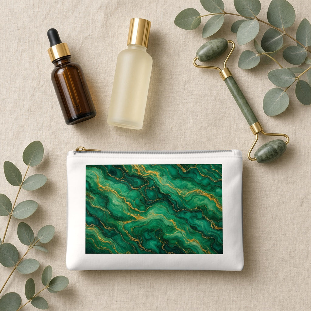 Emerald Tide-Pool Pour canvas cosmetic bag on beige linen with skincare bottles