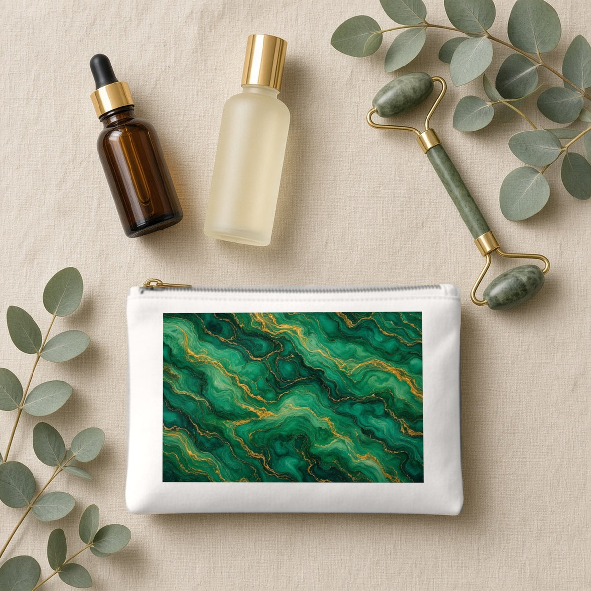 Emerald Tide-Pool Pour canvas cosmetic bag on beige linen with skincare bottles