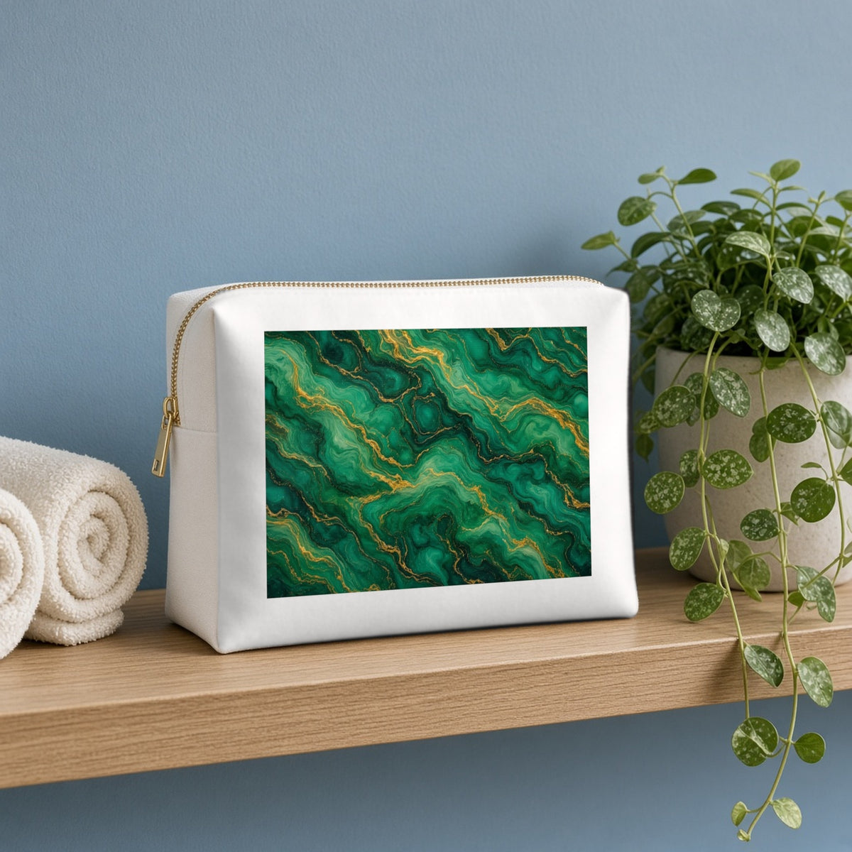 Emerald Tide-Pool Pour canvas cosmetic bag on a wooden shelf against a blue wall with towels and a plant