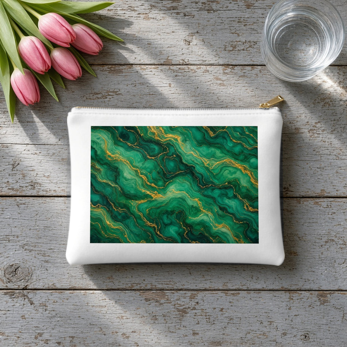 Emerald Tide-Pool Pour canvas cosmetic bag on grey wood with tulips