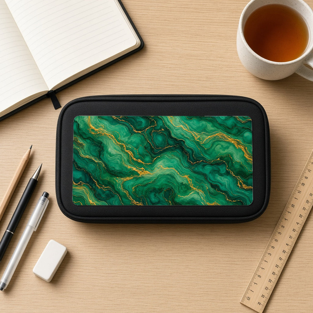 Emerald Tide-Pool Pour pencil case on a wooden desk with notebook, pens and a cup of tea