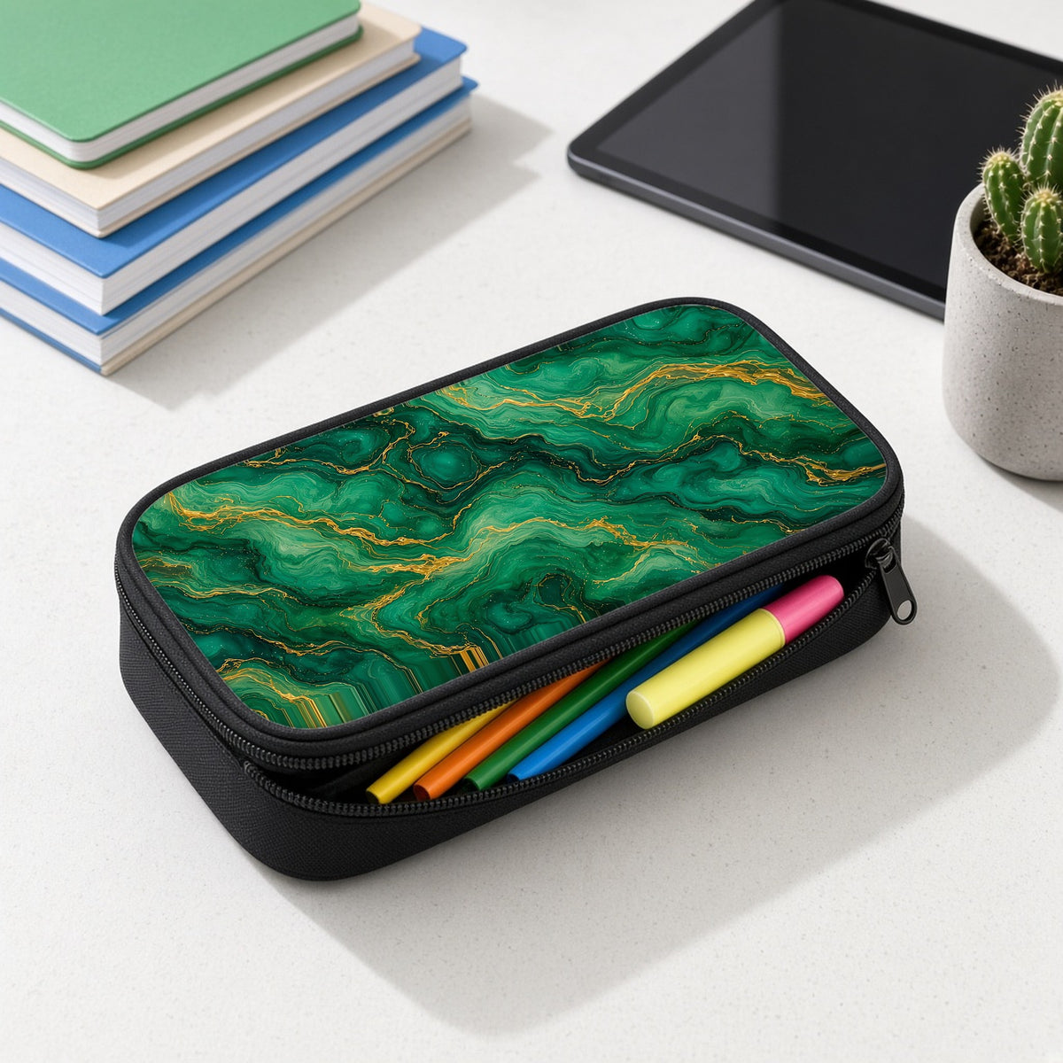Emerald Tide-Pool Pour pencil case open with colourful pens and highlighters on a white desk