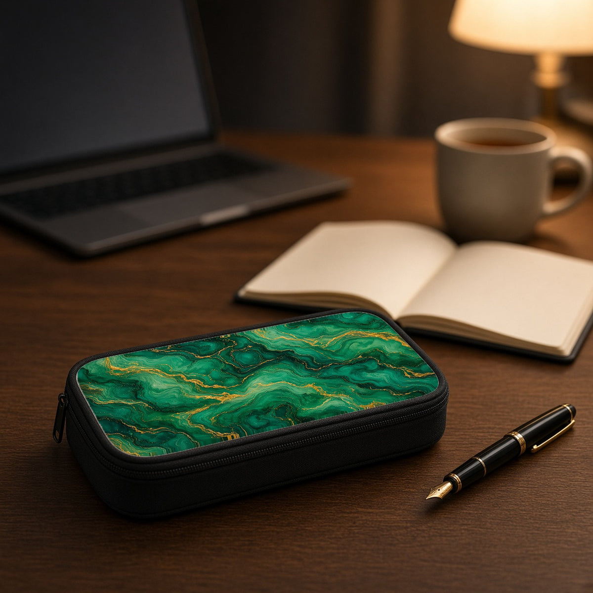 Emerald Tide-Pool Pour pencil case on a wooden desk beside an open notebook and fountain pen