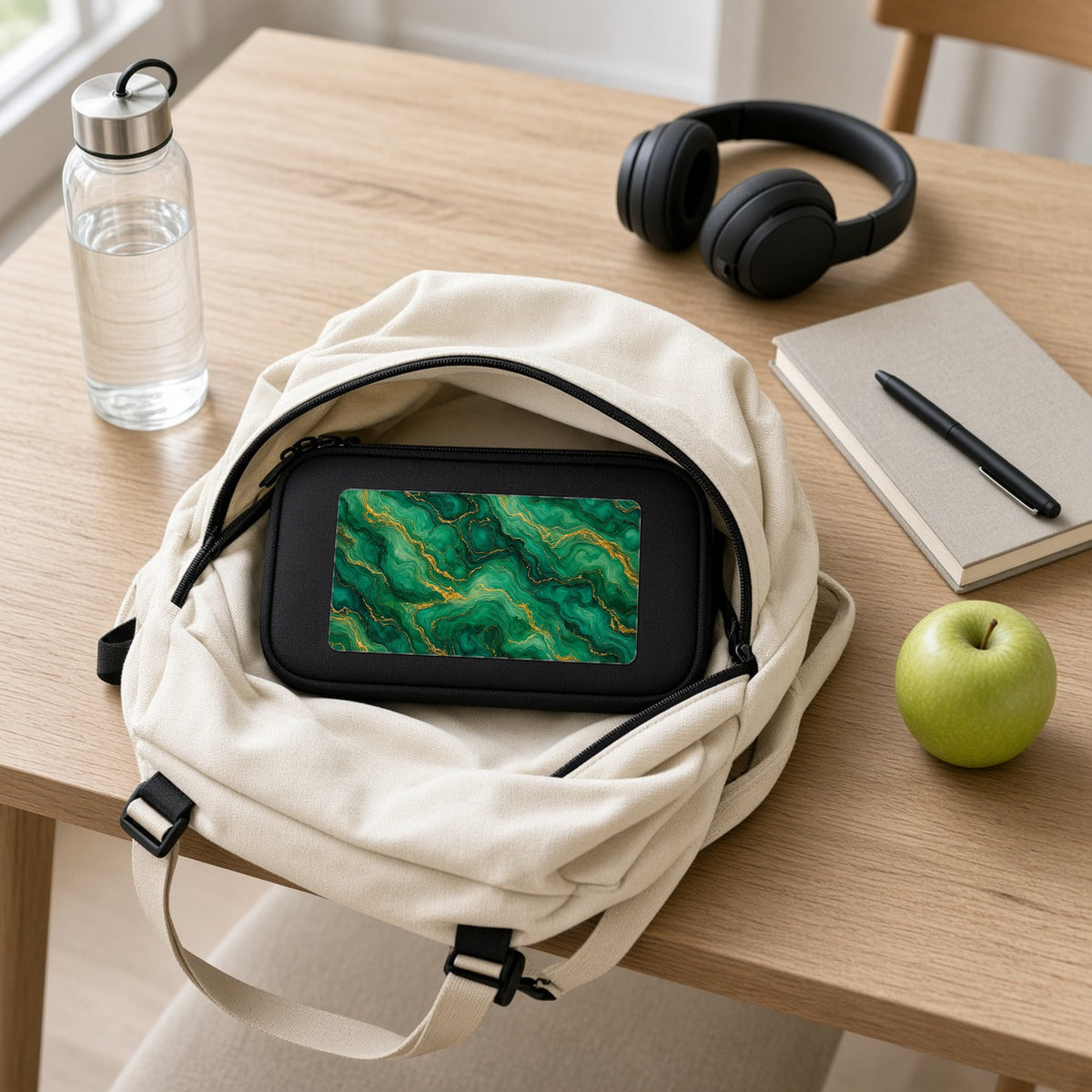 Emerald Tide-Pool Pour pencil case packed in a school backpack with headphones and an apple