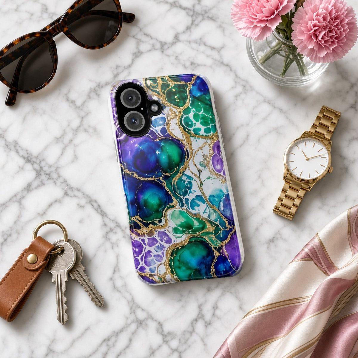 Peacock Acrylic Pour Cells tough phone case on white marble with a watch, keys and sunglasses