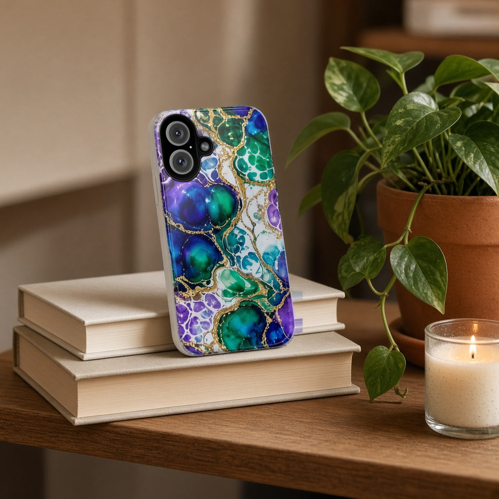 Peacock Acrylic Pour Cells tough phone case propped on a stack of books beside a plant and candle