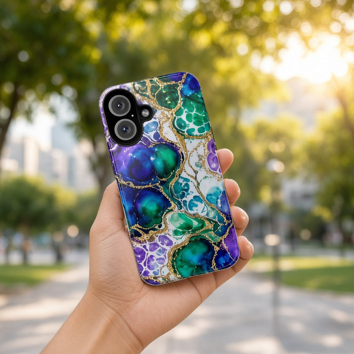 Hand holding the Peacock Acrylic Pour Cells tough phone case outdoors in a sunny park