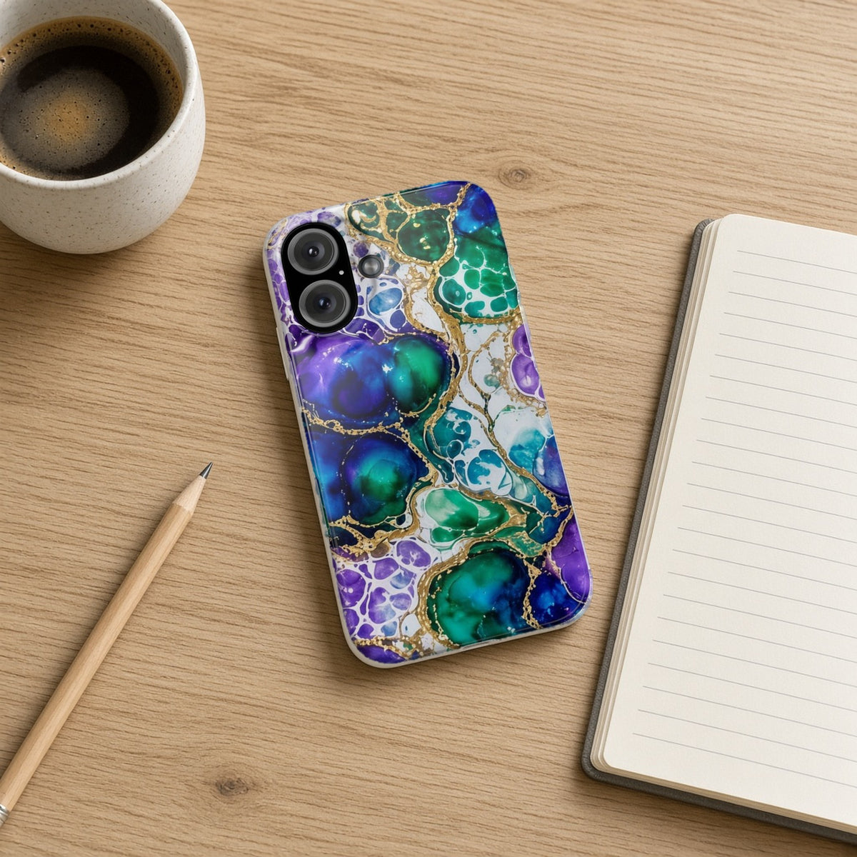 Peacock Acrylic Pour Cells slim phone case on an oak desk with a notebook, pencil and coffee