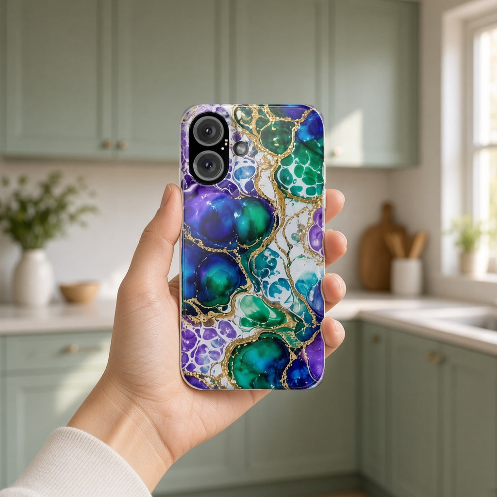 Hand holding the Peacock Acrylic Pour Cells slim phone case in a bright kitchen