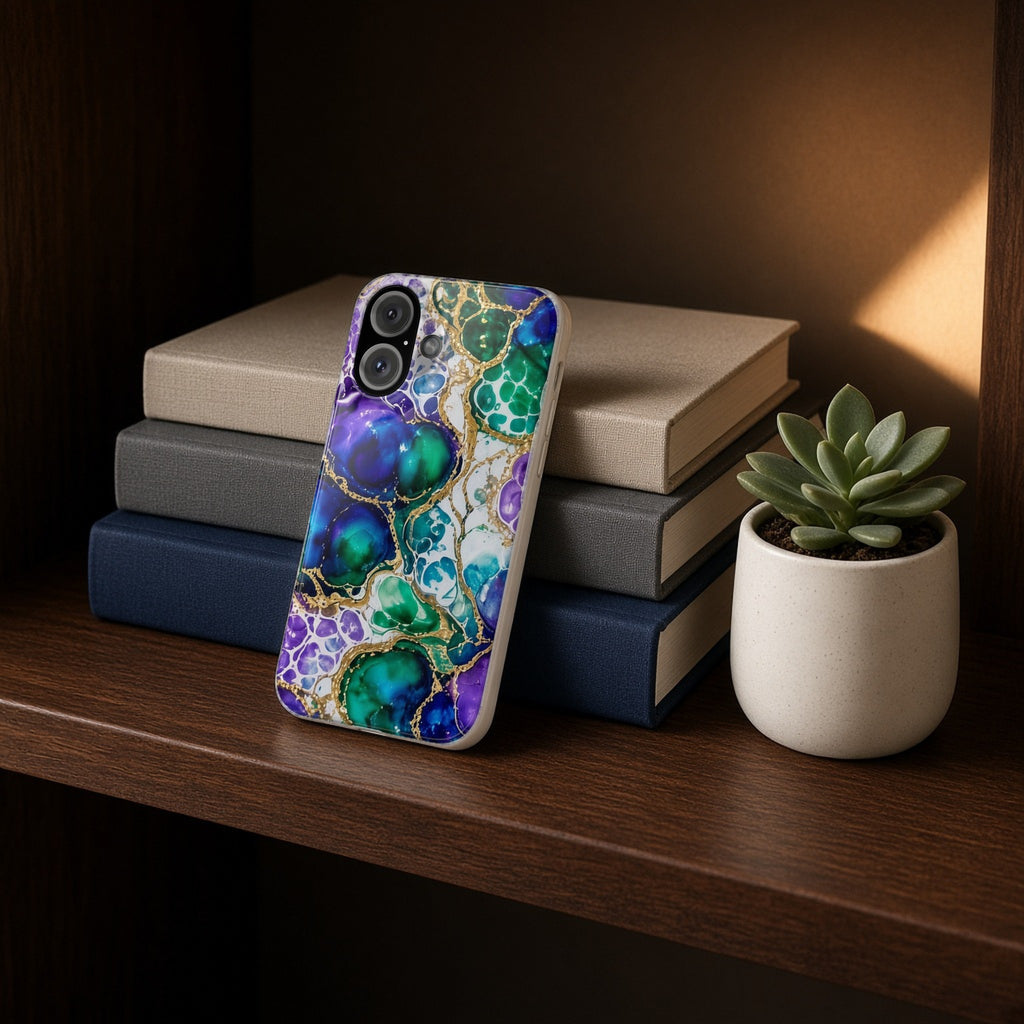 Peacock Acrylic Pour Cells slim phone case propped on a bookshelf beside a small plant