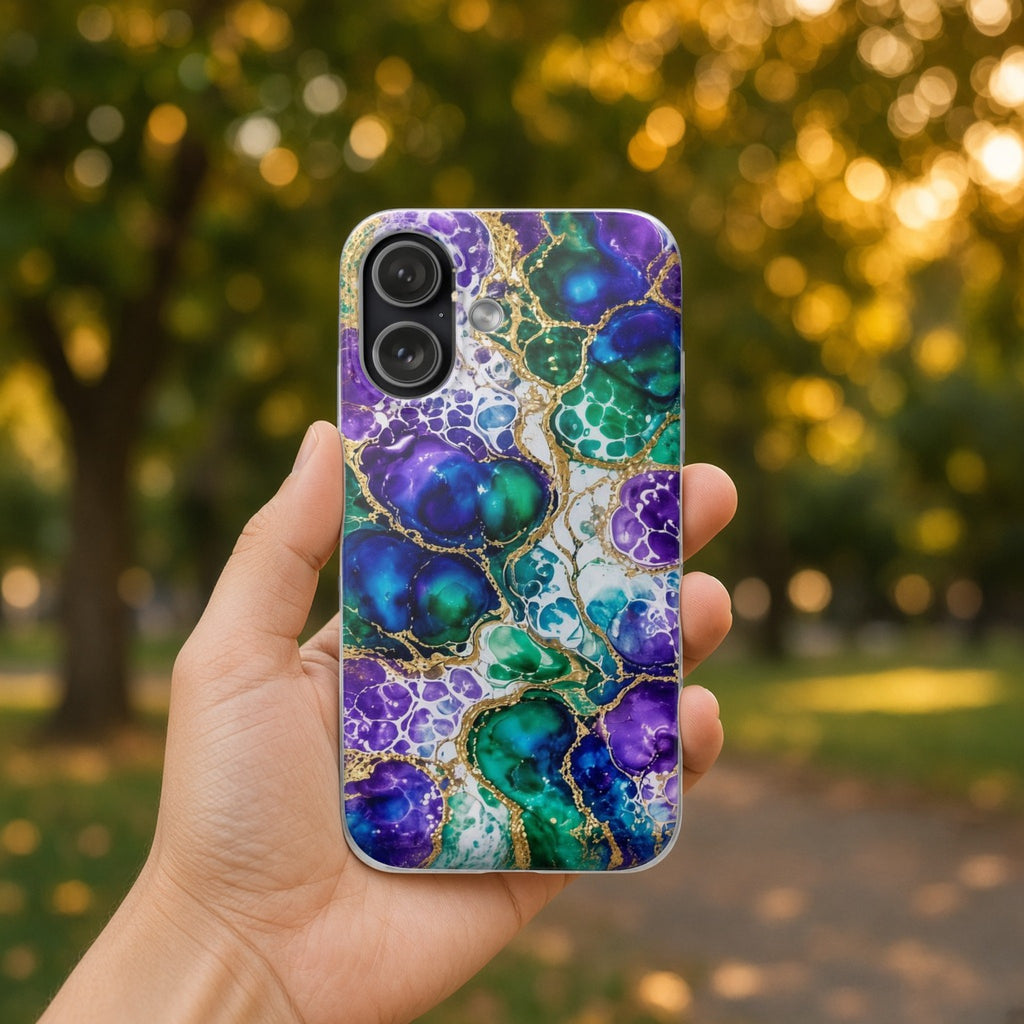 Hand holding the Peacock Acrylic Pour Cells flexi phone case in a leafy park