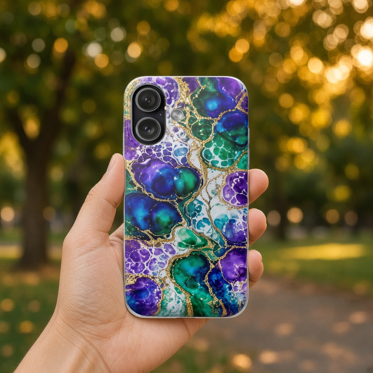Hand holding the Peacock Acrylic Pour Cells flexi phone case in a leafy park