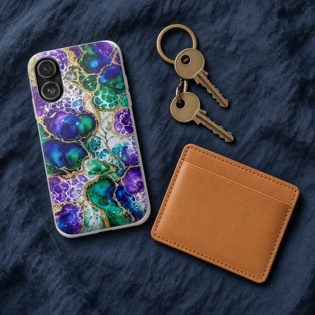 Peacock Acrylic Pour Cells flexi phone case on navy linen with keys and a leather wallet