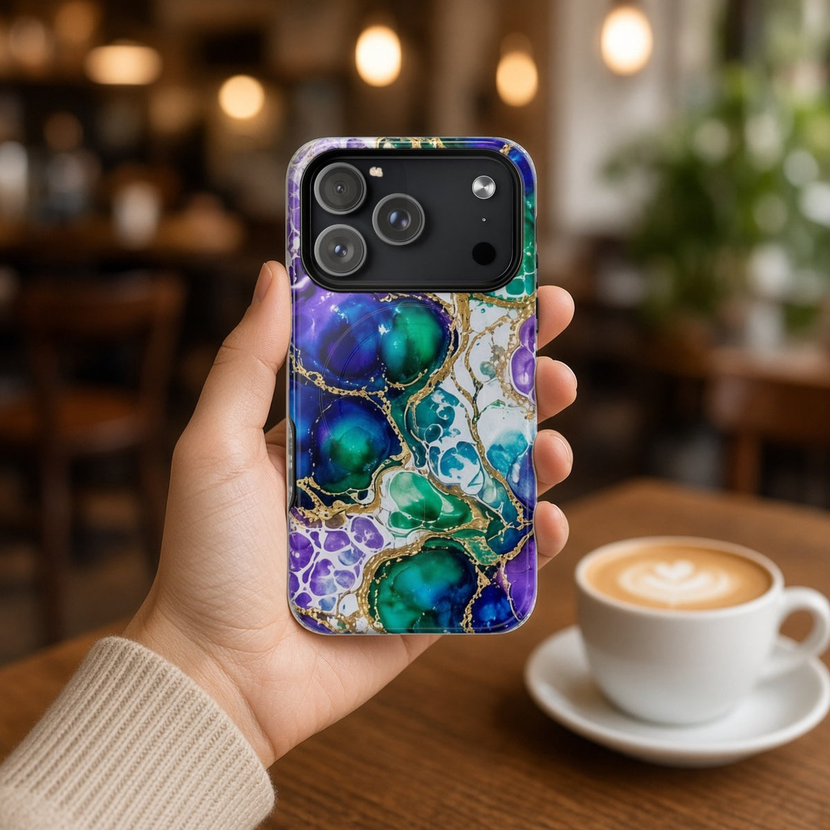 Hand holding the Peacock Acrylic Pour Cells magnetic iPhone case in a cafe beside a latte