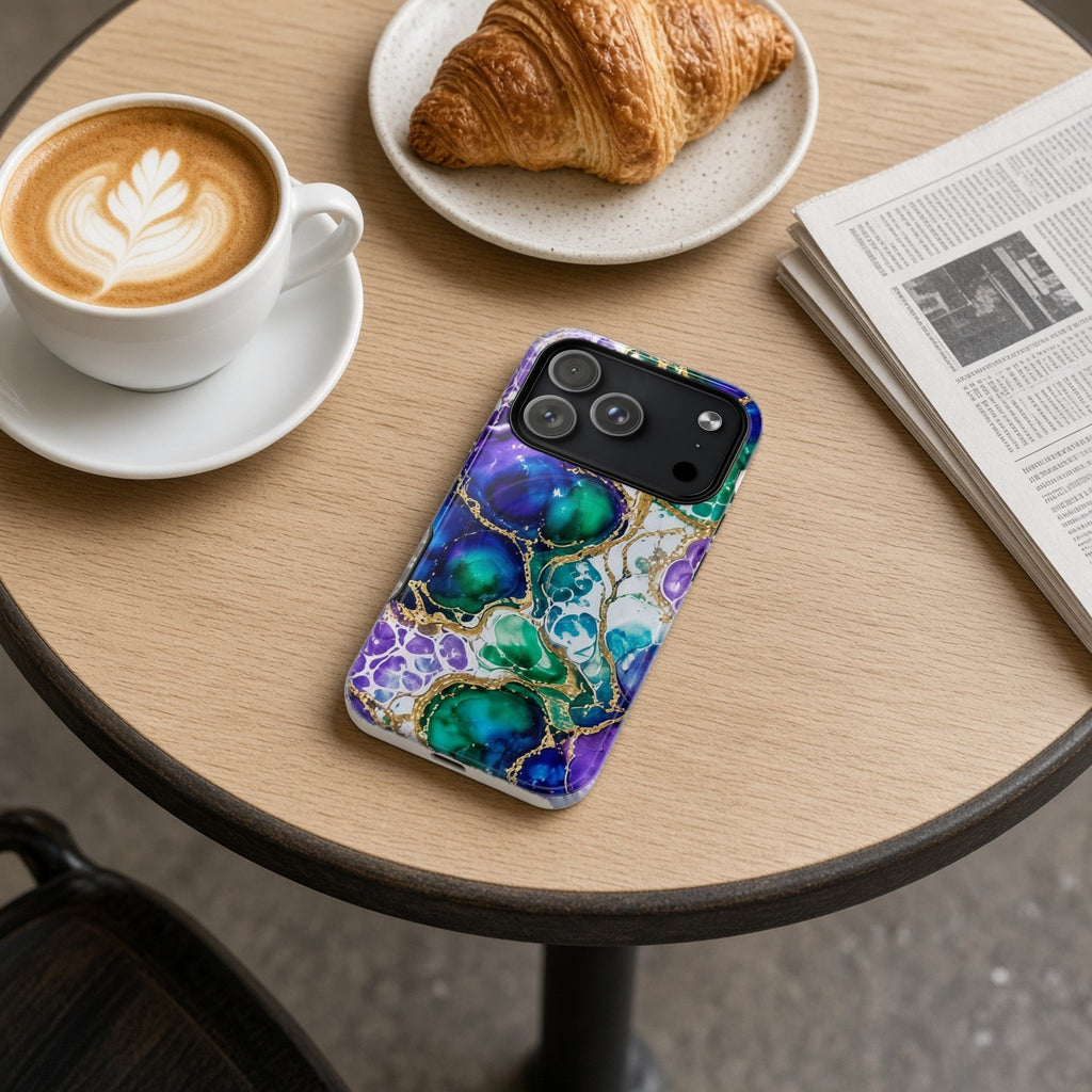 Peacock Acrylic Pour Cells magnetic iPhone case on a cafe table with a latte, croissant and newspaper