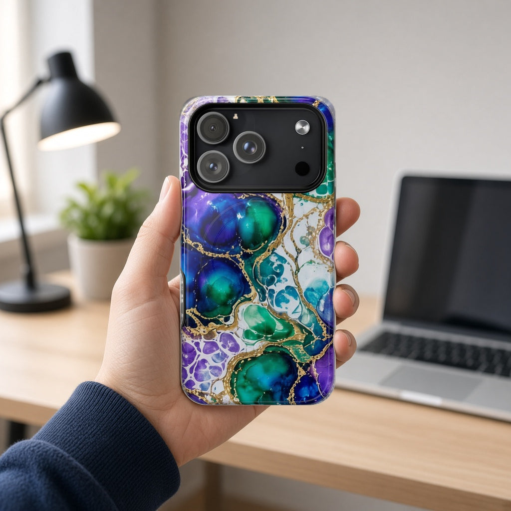 Hand holding the Peacock Acrylic Pour Cells magnetic iPhone case at a home office desk
